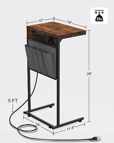 Evermagin C Shaped End Table with Charging Station Small Couch Side Table wit...