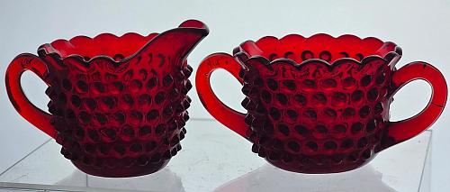 L E Smith red hobnail Glass sugar and creamer