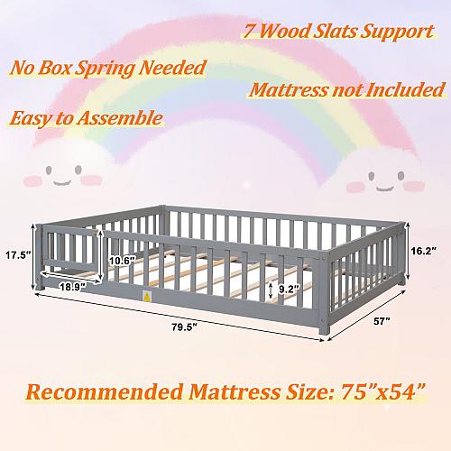 UHOMEPRO Full Size Floor Bed with Door and Fence for Kids Toddler Bed Montess...