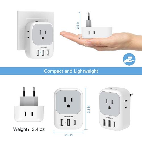 2 Pack European Plug Adapter USB C TESSAN US to Europe Plug Adapter with 4 Ou...