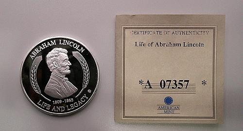 Abraham Lincoln Commander in Chief Coin Medal CU Silver Plated, 2008