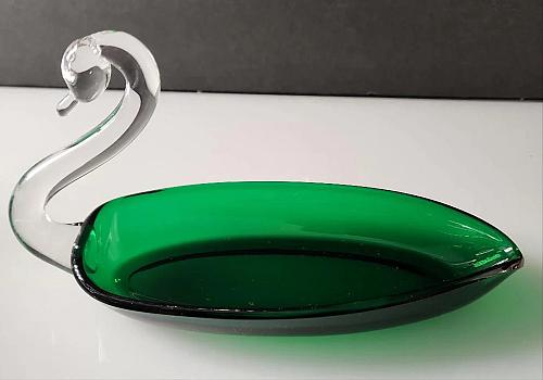 Viking green glass swan pickle dish