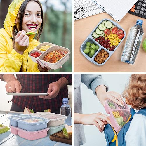 buluker 4 Pack Bento Lunch Box Set 3 Compartment Wheat Straw Meal Prep Food S...