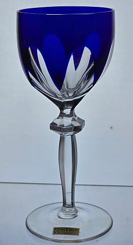 Hand Cut to clear blue wine glass