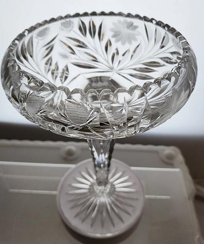 American Brilliant Period Cut Glass compote tear drop stem strawberries
