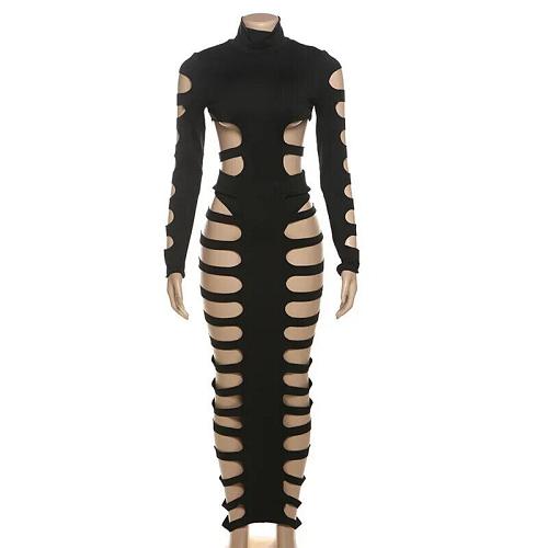 Women Sexy Hollow Out 2 Piece Set Turtleneck Full Sleeve Bodysuit