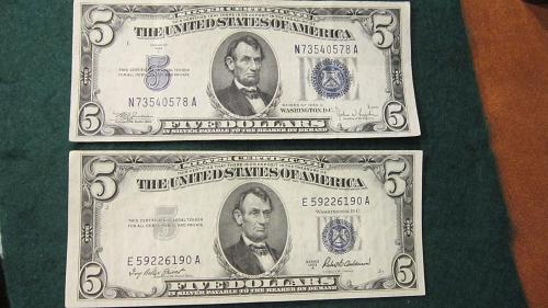 Two $5 Silver Certificates: 1934 C and 1953 A. Both in great condition