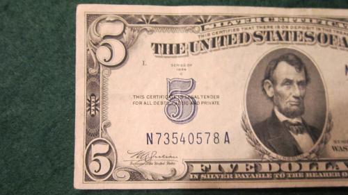 Two $5 Silver Certificates: 1934 C and 1953 A. Both in great condition
