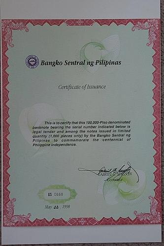 Philippines 100,000 Piso Banknote, 1998, P-190, UNC, Commemorative Envelope, w/ COA