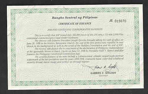 1998 PHILIPPINE 2000 Pesos Commemorative Banknote w/ COA - Original Folder UNC