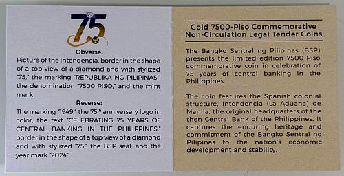Philippine 7,500-Piso 75th Anniversary of CBP Gold Coin in Wooden Cube Box w/Acrylic