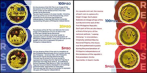 Philippines 5 - 100 Piso, 3 Pieces Gold Plated Coin Set, 2023, KM #316-318, Mint