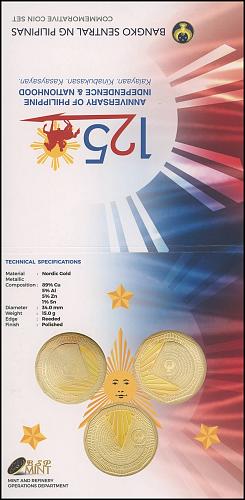 Philippines 5 - 100 Piso, 3 Pieces Gold Plated Coin Set, 2023, KM #316-318, Mint