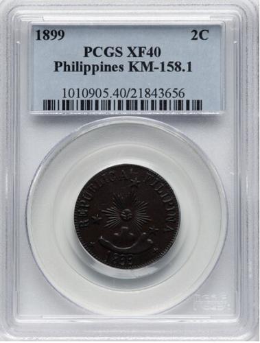 Philippines: Malolos. Revolutionary copper 2 Centavos 1899 XF40 PCGS