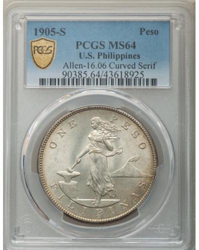 1905-S Philippines Peso, Curved Serif on 1, Allen-16.06, MS64 PCGS