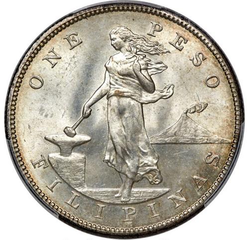 1905-S Philippines Peso, Curved Serif on 1, Allen-16.06, MS64 PCGS