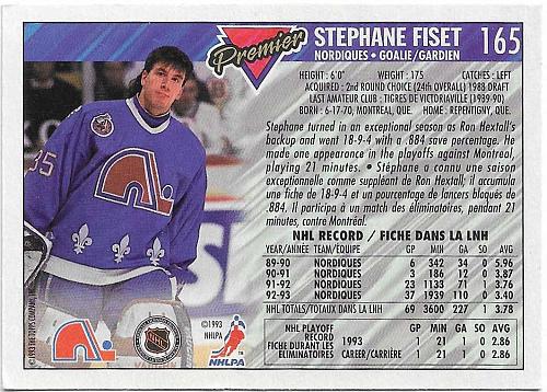 Stephane Fiset - Quebec Nordiques - Topps Premier