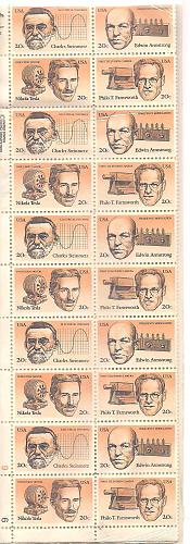 1983 Steinmetz, Armstrong, Tesla, Farnsworth 20 cent stamps