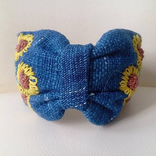 HEADBAND HAND-EMBROIDERED FLOWER NATURAL INDIGO HANDICRAFT HEADBAND HANDMADE THAILAND