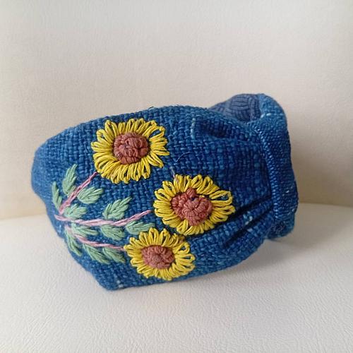 HEADBAND HAND-EMBROIDERED FLOWER NATURAL INDIGO HANDICRAFT HEADBAND HANDMADE THAILAND