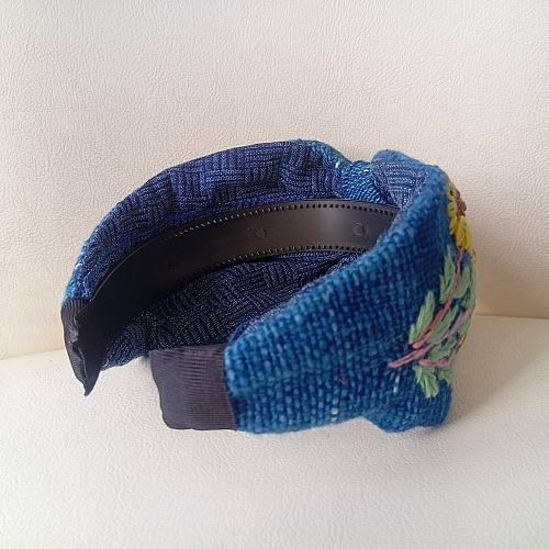 HEADBAND HAND-EMBROIDERED FLOWER NATURAL INDIGO HANDICRAFT HEADBAND HANDMADE THAILAND