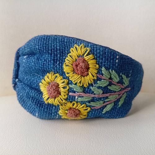 HEADBAND HAND-EMBROIDERED FLOWER NATURAL INDIGO HANDICRAFT HEADBAND HANDMADE THAILAND