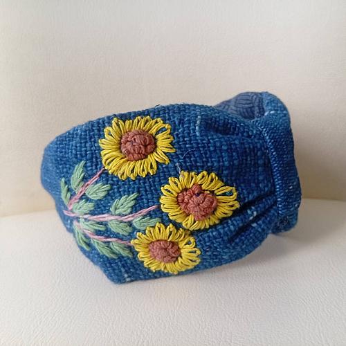 HEADBAND HAND-EMBROIDERED FLOWER NATURAL INDIGO HANDICRAFT HEADBAND HANDMADE THAILAND