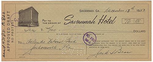 SAVANNAH HOTEL Bank Draft Check Dated 1953 - Savannah, Georgia Hotel EPHEMERA