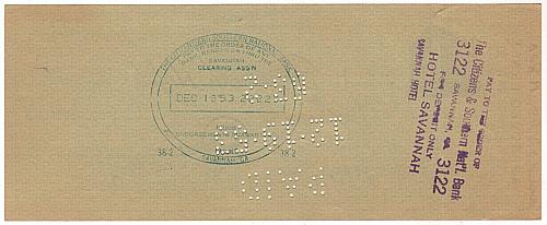 SAVANNAH HOTEL Bank Draft Check Dated 1953 - Savannah, Georgia Hotel EPHEMERA