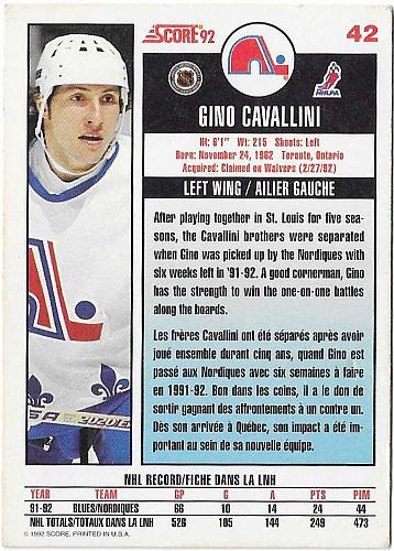 Gino Cavallini - Quebec Nordiques - Score Canadian
