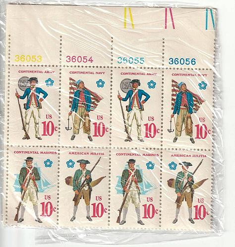 1975 Continental Army, Navy, Marines, and Militia 10 cent stamps