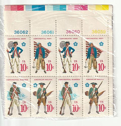 1975 Continental Army, Navy, Marines, and Militia 10 cent stamps