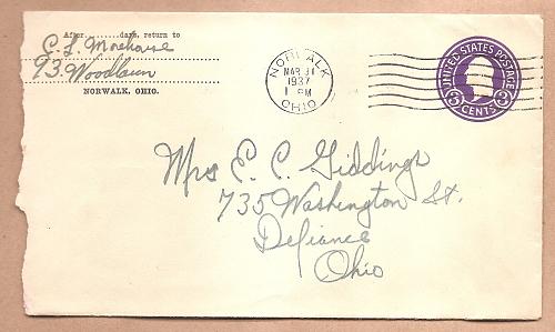 USA: U436 stamped addressed envelope cancelled Norwalk, OH 1937 - 2 scans