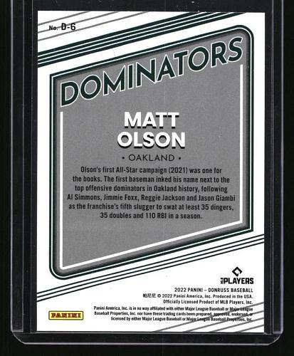 mt 2022 donruss baseball dominators insert #d6 matt olson-a`s-diamond parallel-braves