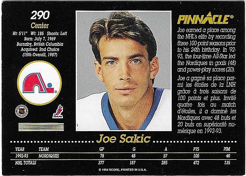 Joe Sakic - Quebec Nordiques - Pinacle Canadien