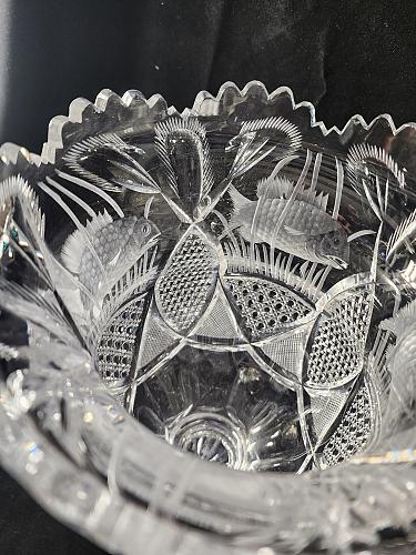 Cut glass footed vase Copper wheel etched fish