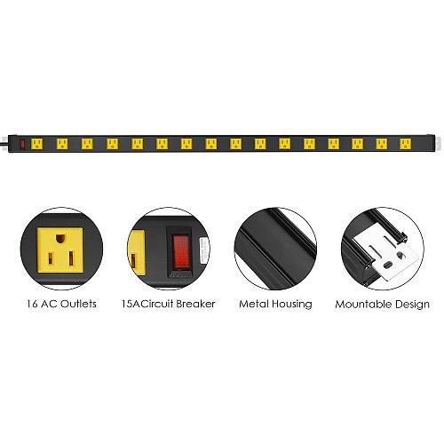 JUNNUJ Long Metal 16 Outlet Power Strip Wide Spaced Garage Industrial Power S...