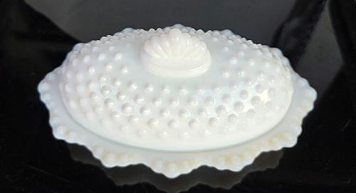 L.E. SMITH milk glass hobnail oval butter dish