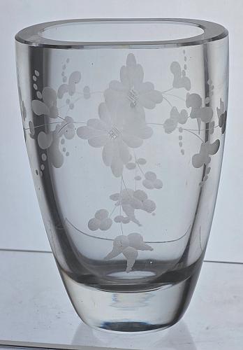 Copper wheel engraved glass oval vase