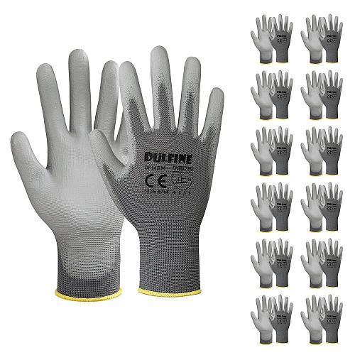 DULFINE Safety Work Gloves PU Coated-12 PairsGrey Seamless Knit Glove with Po...