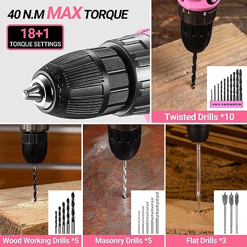 Pink Drill Tool Kit Set 20V Cordless Power Drill Tool Box with Battery Electr...