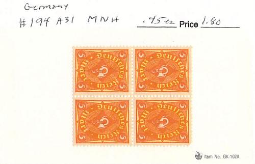 Germany 194 Unused blk 4 1 CV 1.80 (SC0_857)