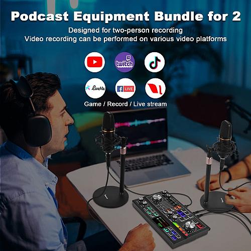 Podcast Equipment Bundle for 2 Audio Mixer with Condenser Microphone and 48V ...