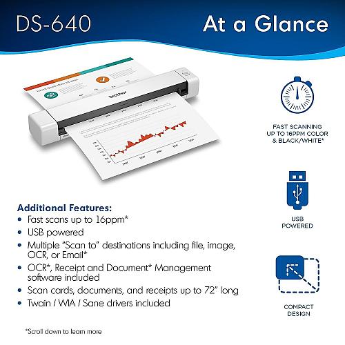 Brother DS-640 Compact Mobile Document Scanner Model DS640 1.5"x2"x11.9"