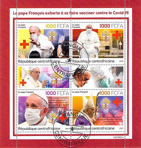 Central Africa 2021 CTO Sheet Pope Francis relgion 6 values (TS0013)