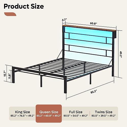 Bestier Queen Size Bed Frame with 49.2" High LED Storage Headboard Shelf Meta...