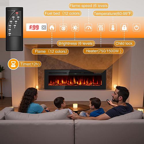 60 Inch Electric Fireplace in-Wall Recessed and Wall Mounted Ultra-Thin Linea...
