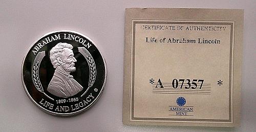 Abraham Lincoln Commander in Chief Coin Medal CU Silver Plated, 2008