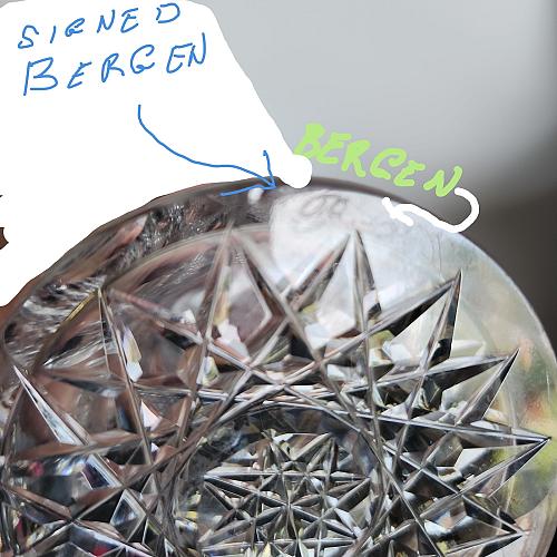 Signed Bergen cut glass abp Antique handled cruid