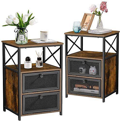 VECELO Modern Night Stand, End Side Table with Storage Space Set of 2, Brown